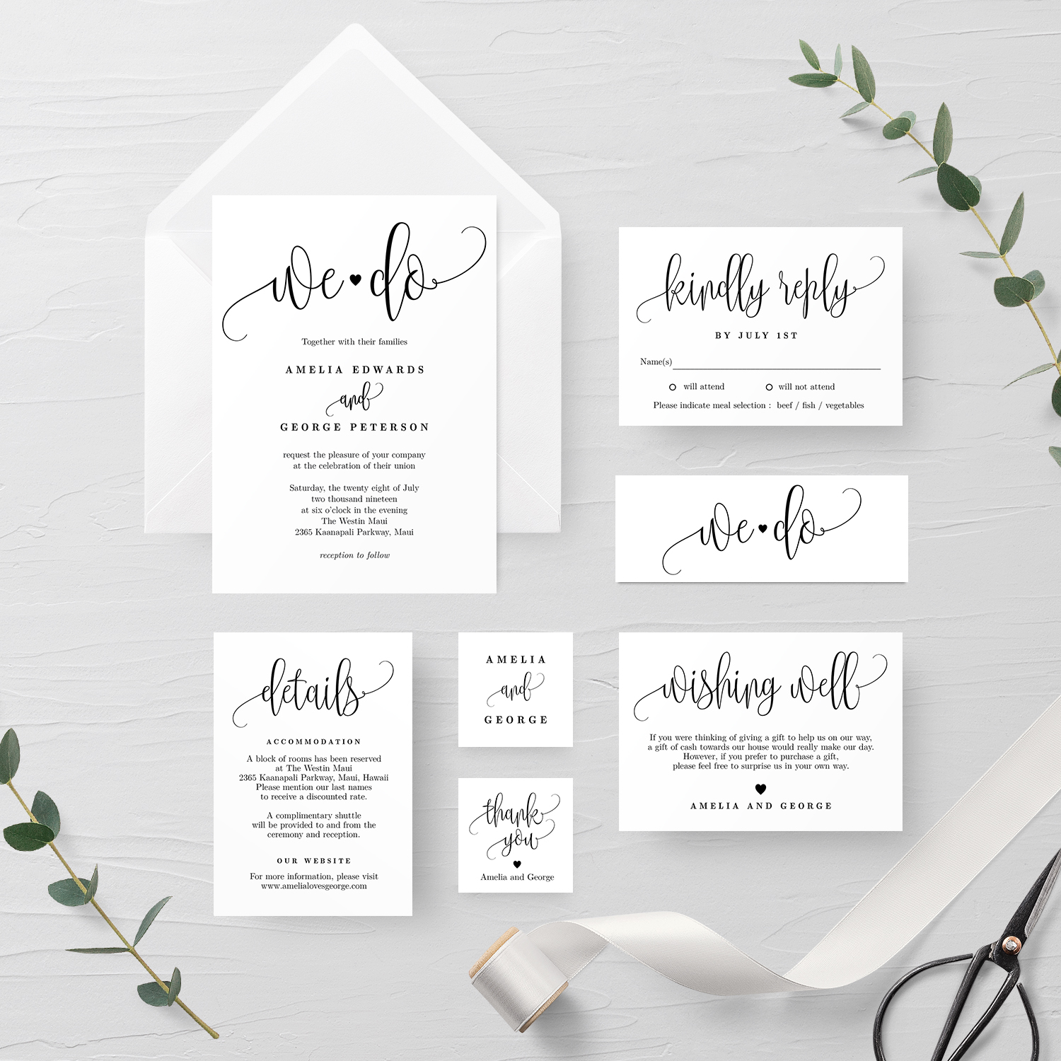 Lovely Calligraphy Printable Wedding Invitation Suite Editable Template LCC