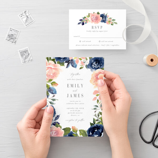 Navy Blush Wedding Invitation and RSVP #NBC