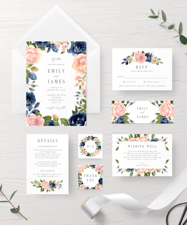 Navy Blush Wedding Invitation Suite #NBC