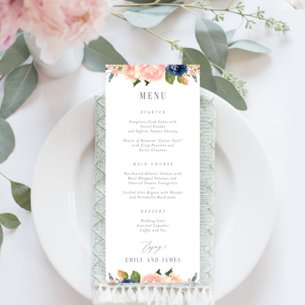 Navy Blush Wedding Menu Card #NBC