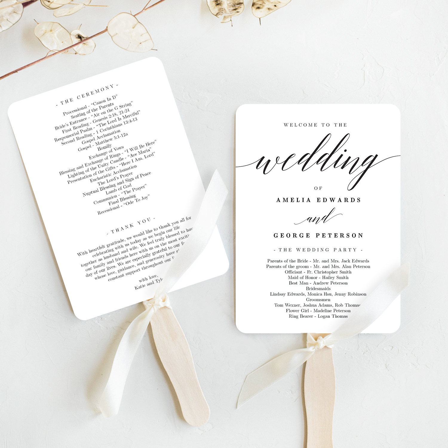Modern Script Printable Wedding Program Fans Editable Template