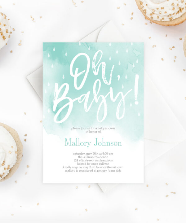 Oh Baby Watercolor Baby Shower Invitation Mint Blue