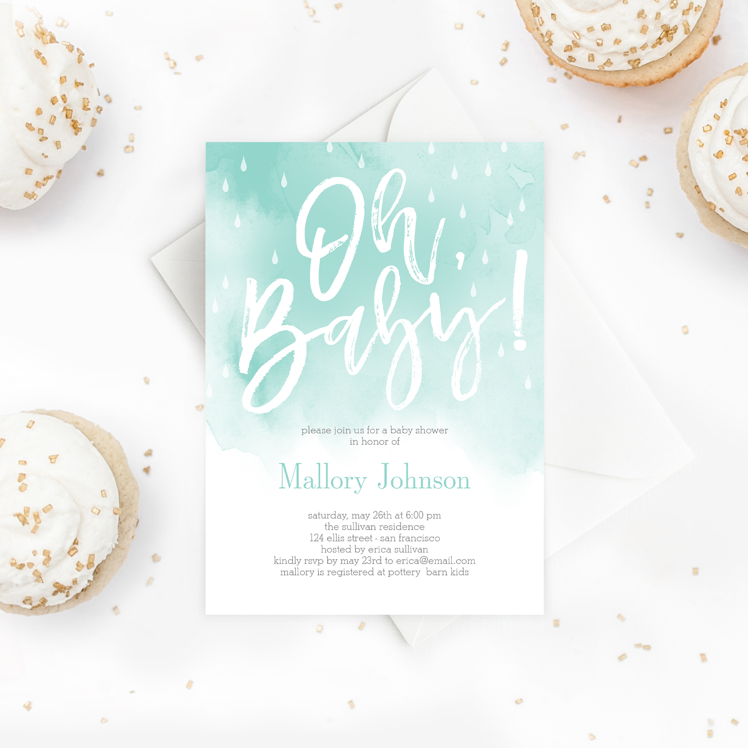 Oh Baby Watercolor Bridal Shower Invitation Mint Blue 