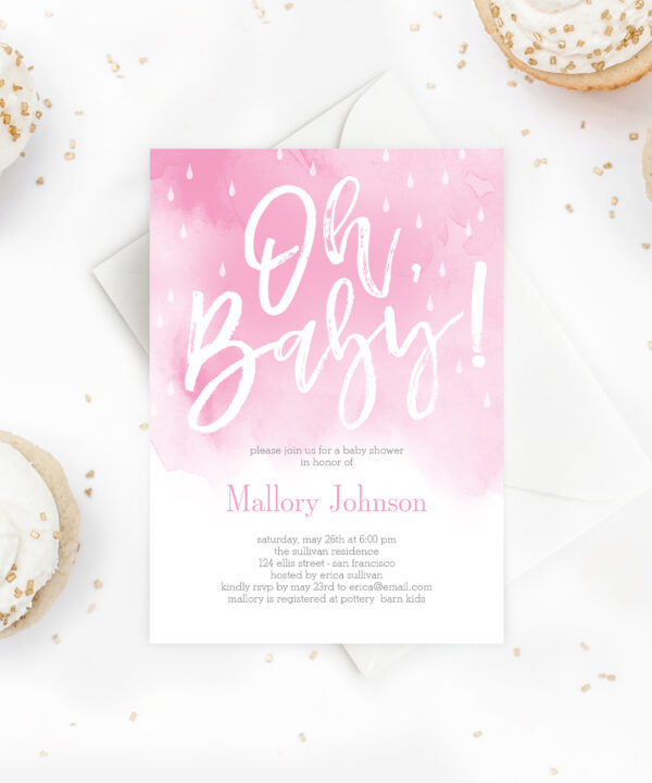 Oh Baby Watercolor Baby Shower Invitation Pink