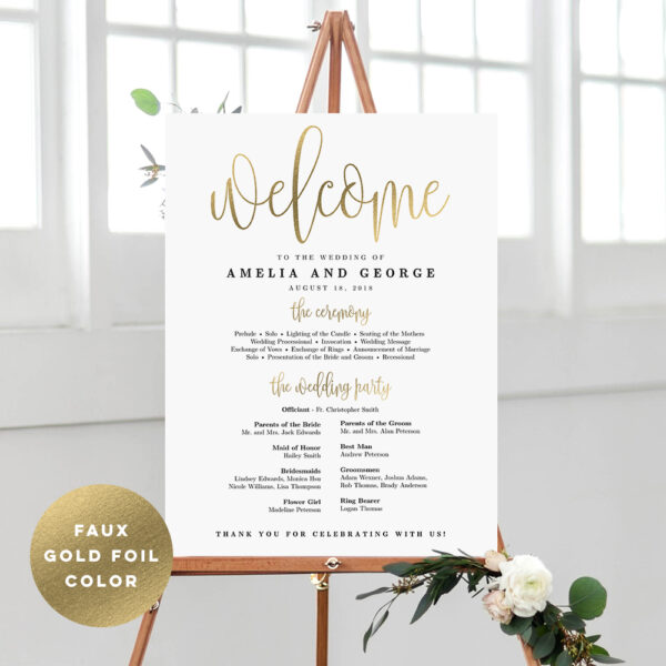 Lovely Calligraphy Wedding Program Sign Faux Gold Foil #LCG