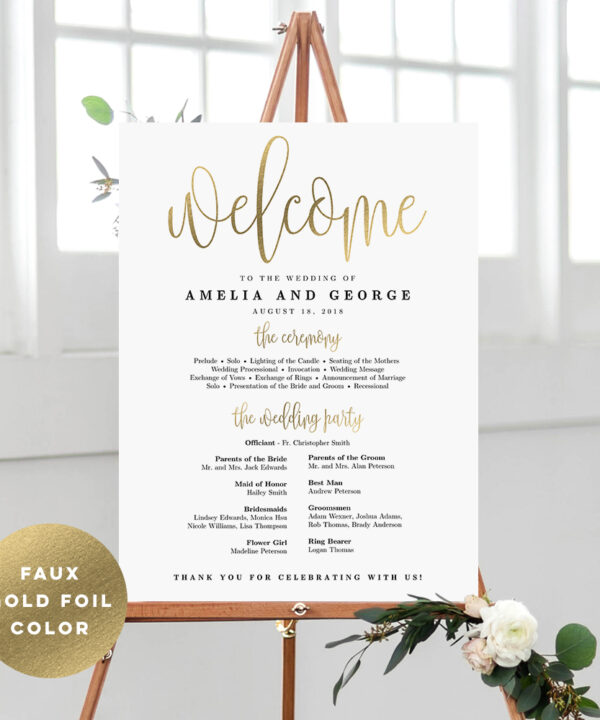 Lovely Calligraphy Wedding Program Sign Faux Gold Foil #LCG