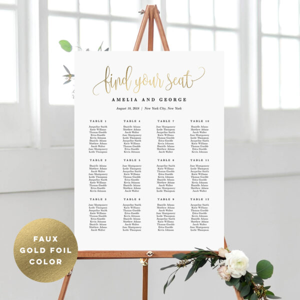 Seating Chart Lovely Calligraphy #LCG Faux Gold Foil