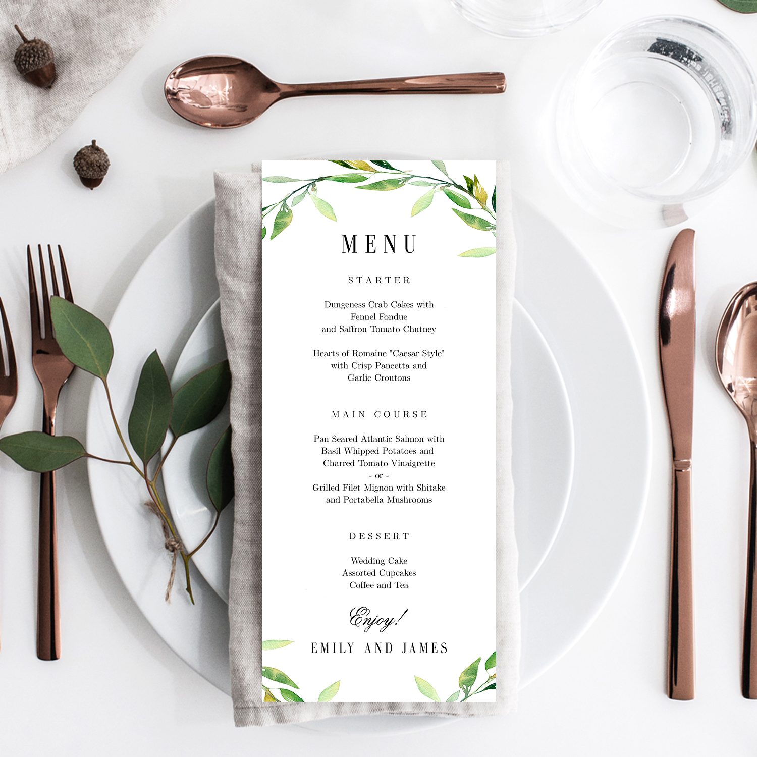 Green Foliage Printable Wedding Menu Card Editable Template GFC