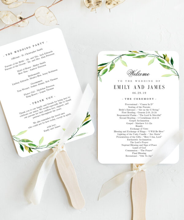 Green Foliage Wedding Program Fan Template #GFC