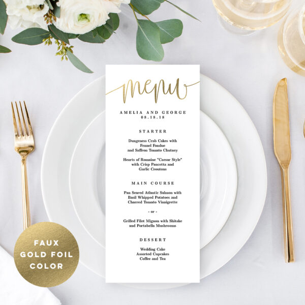 Lovely Calligraphy Menu Card Faux Gold Foil #LCG