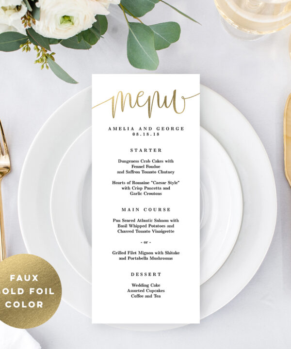 Lovely Calligraphy Menu Card Faux Gold Foil #LCG