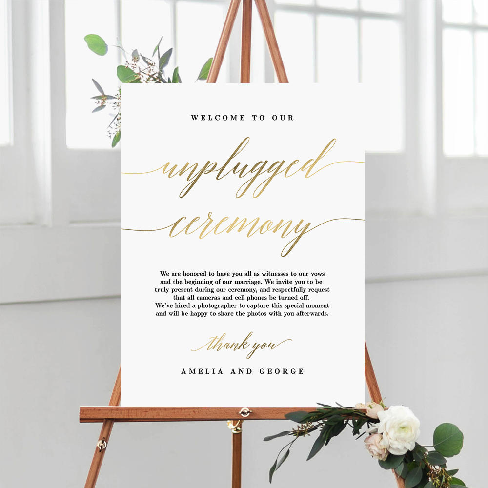 Unplugged Ceremony Wedding Sign Modern Script Faux Gold #MSG