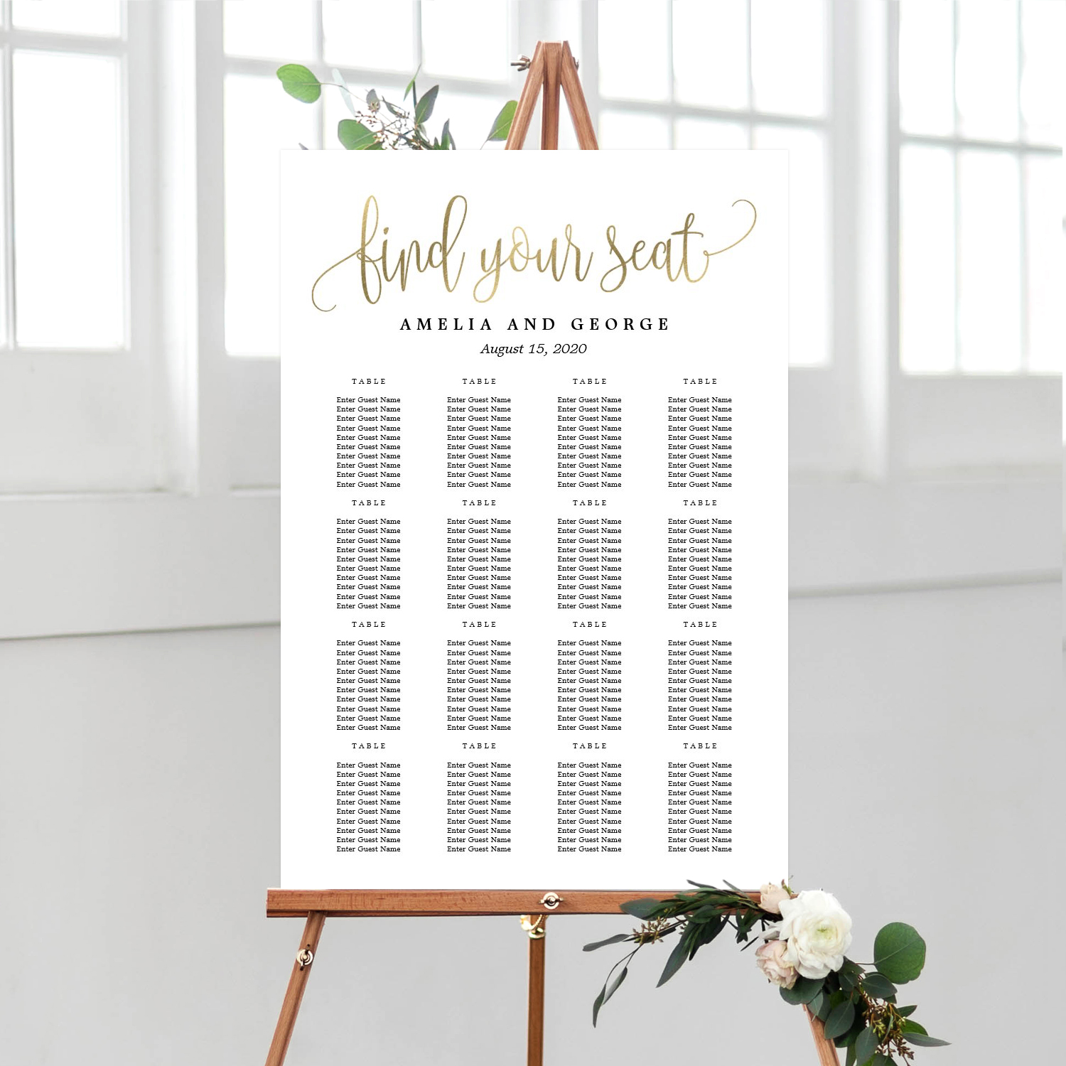 Lovely Calligraphy Faux Gold Large Seating Chart Canvas