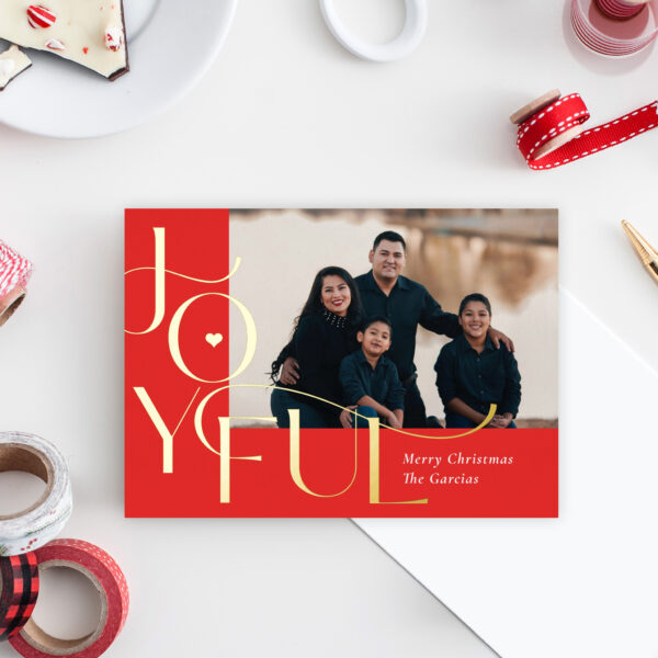 Joyful Life Gold Foil Holiday Photo Card - Red