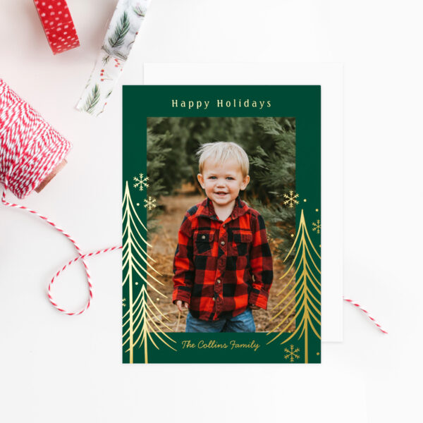 Winter Scene Gold Foil Holiday Photo Card - Green