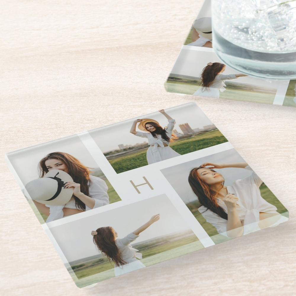 Monogram Blocks Photo Glass Personalized Coasters