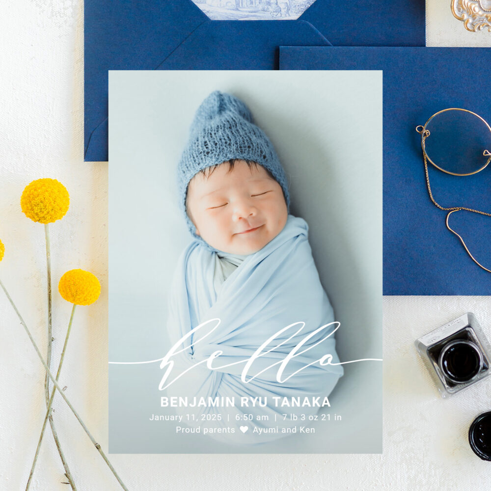 Delicate Hello Simple Modern Baby Birth Announcement