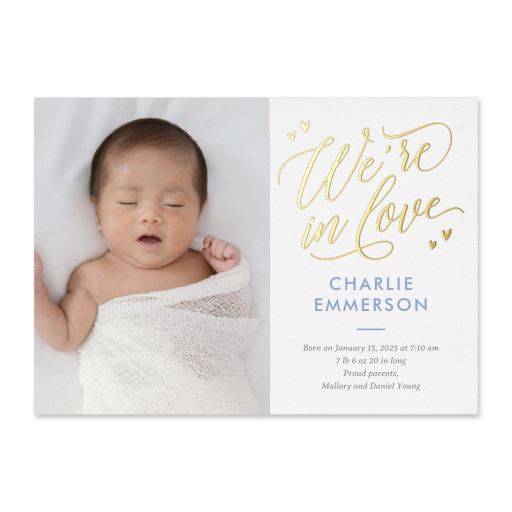 In Love Editable Color Foil Birth Announcement