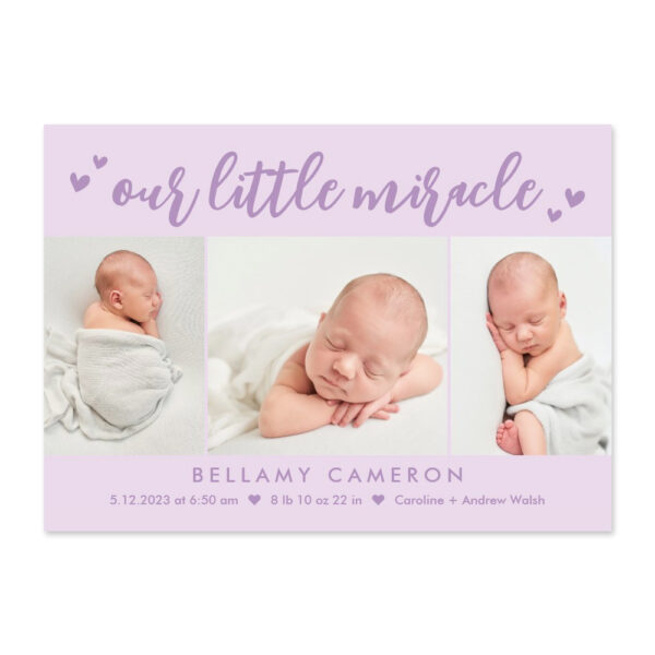 Our Miracle Purple Editable Color Birth Announcement