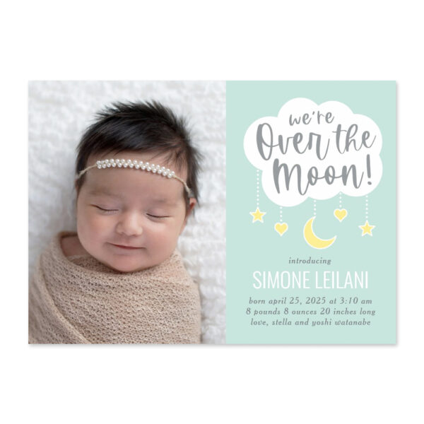 Over The Moon Blue Editable Color Birth Announcement