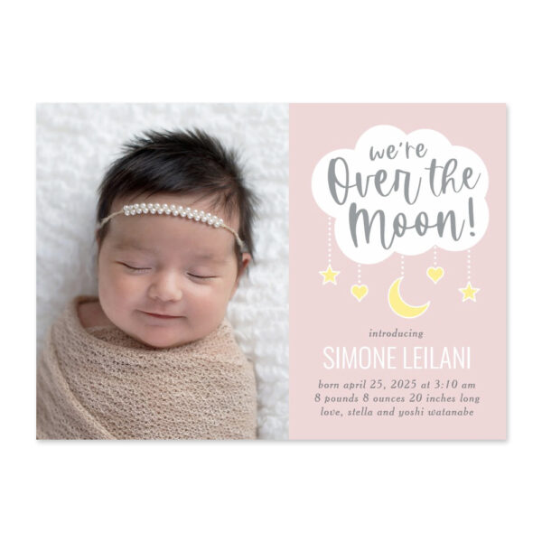 Over The Moon Pink Editable Color Birth Announcement