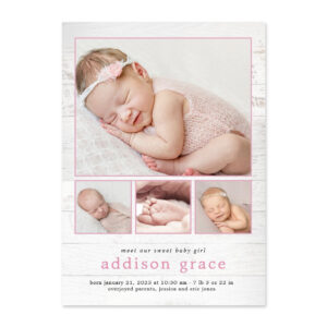 Rustic Introduction Pink Editable Color Birth Announcement