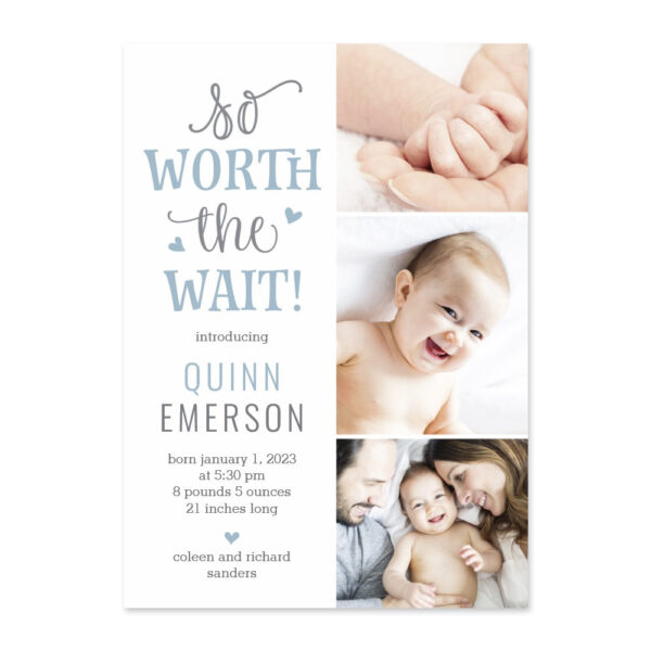 Worth Waiting Blue Editable Color Birth Announcement