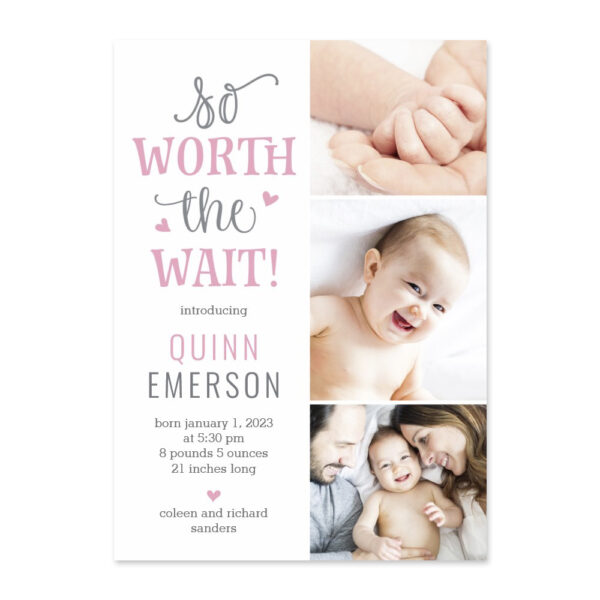 Worth Waiting Pink Editable Color Birth Announcement