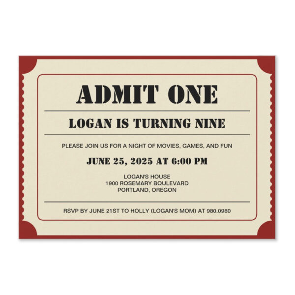 Ticket Stub Movie Party Birthday Party Invitation