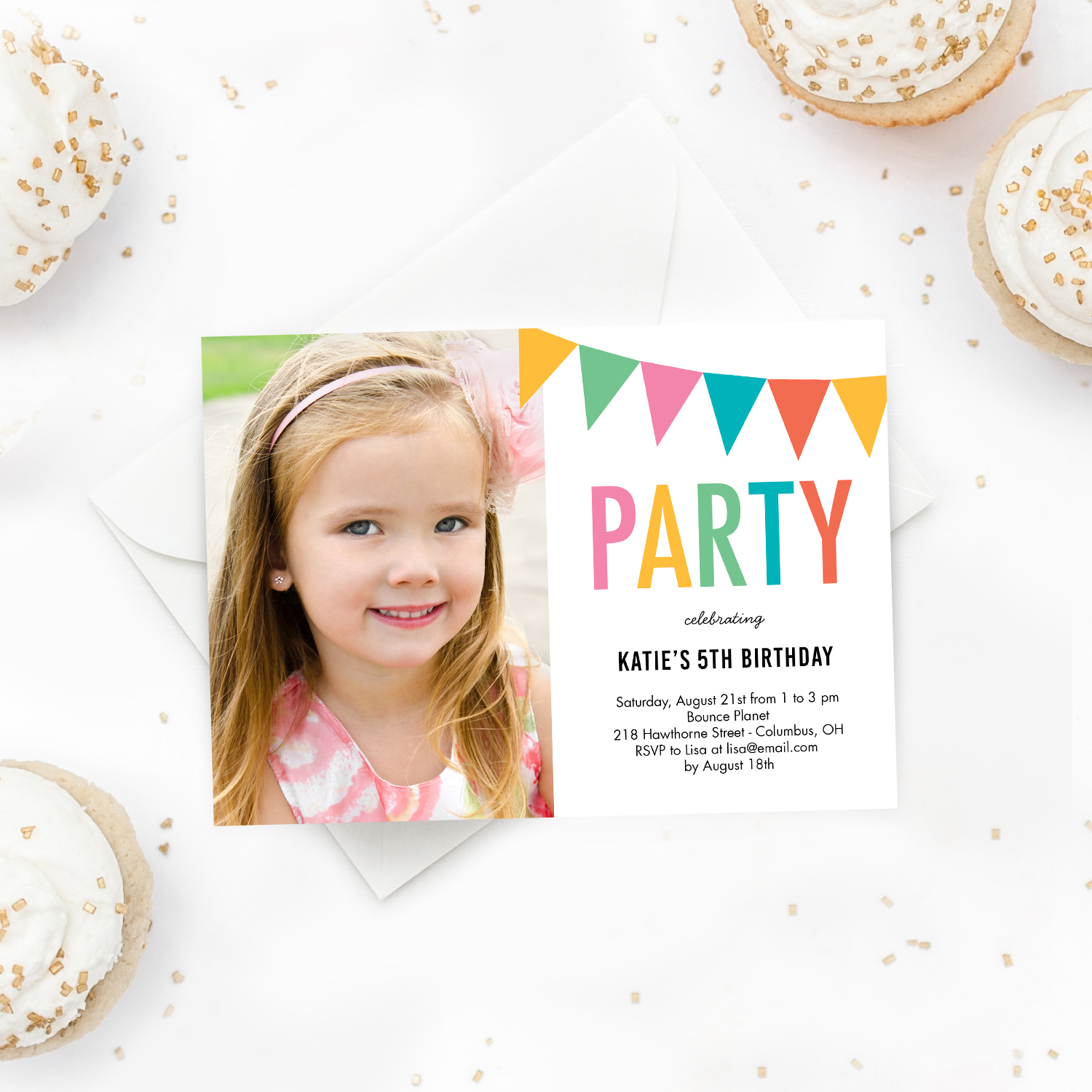 Colorful Banner Kid Birthday Party Invitation Photo Girl Birthday Invitation