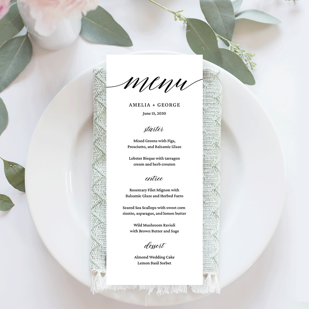Modern Script Wedding Menu Card White