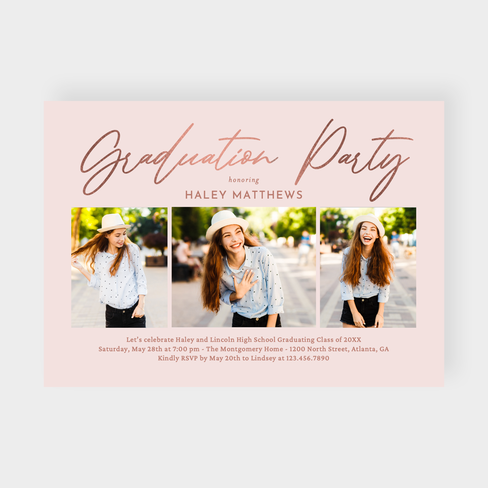 Penned Party Graduation Invitation Faux Rose Gold